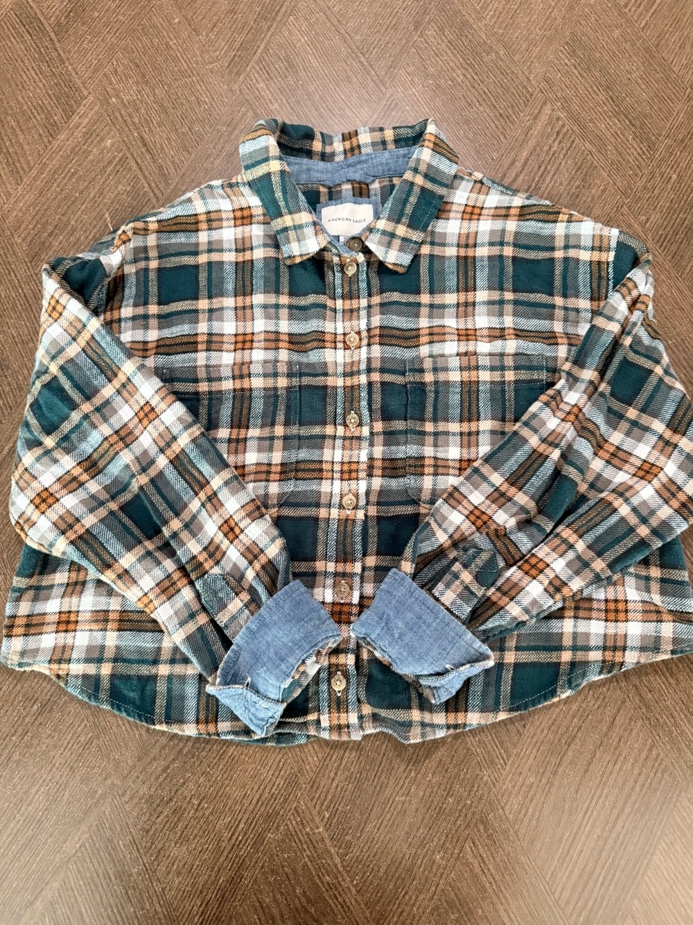 American Eagle Teal, Brown & White Plaid Button-Down Shirt w/denim roll up cuffs